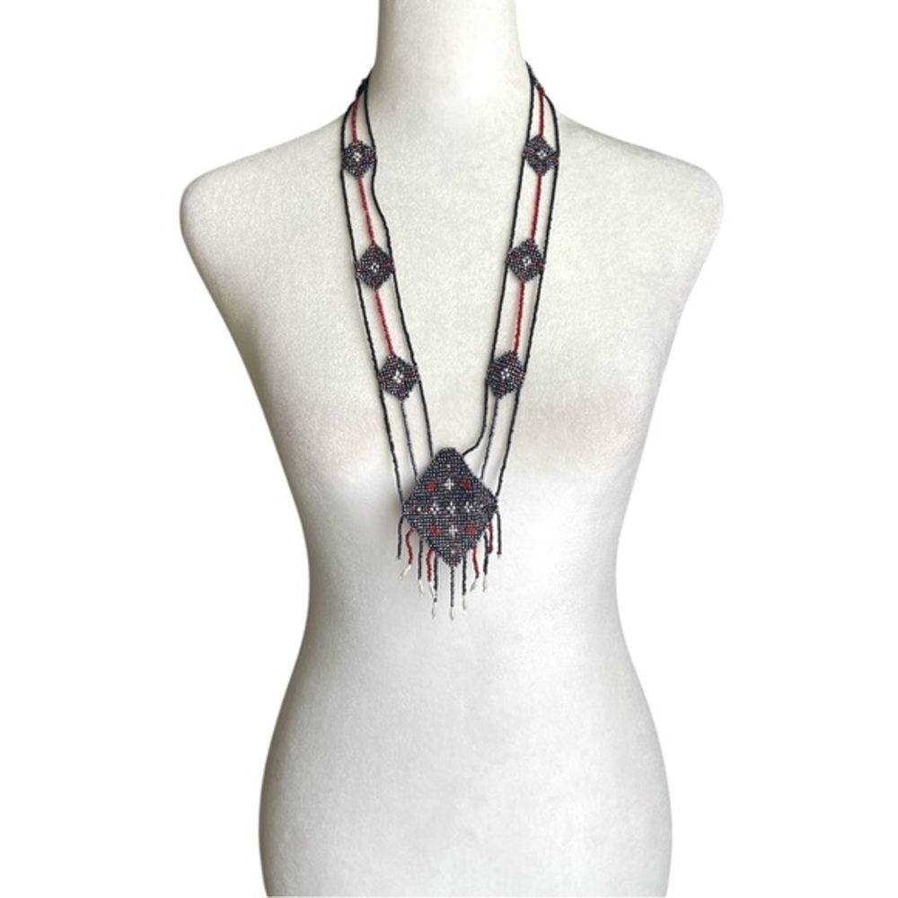 NecklacBeaded Long Fringe Necklace DIAMOND & DOT DESIGN Tribal Red Black